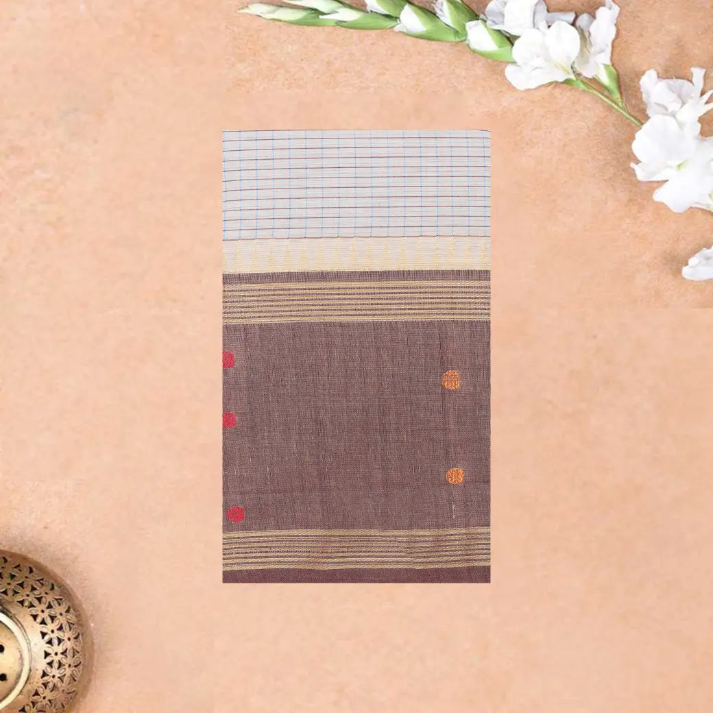 Off-white with light Brown Small Checked Pattern Pure Chettinad Cotton Saree without Blouse