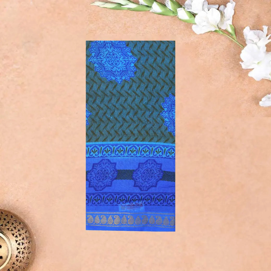 Brown with Royal Blue  Mul Mul Cotton Saree without Blouse