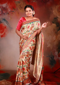 Cream with Red  Soft Banarasi Saree