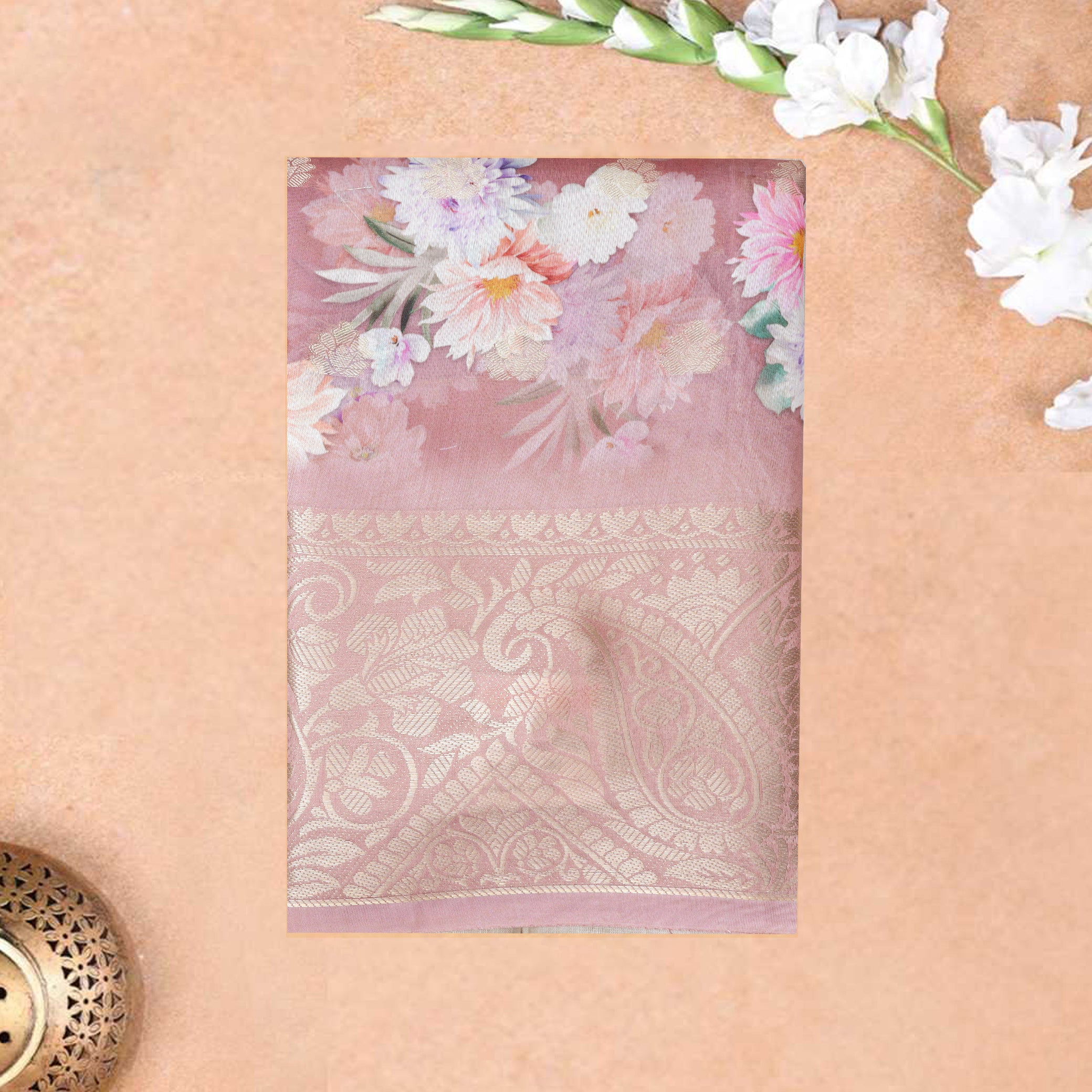 dusty purple With Orange Floral Design Dola Silk