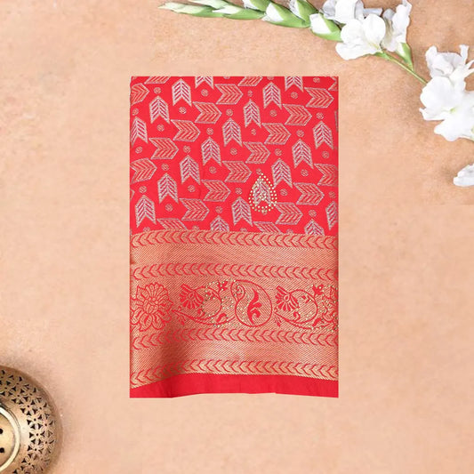 Peach Pink With Purple Border Floral Design Traditional  Pattu Pavadai Material