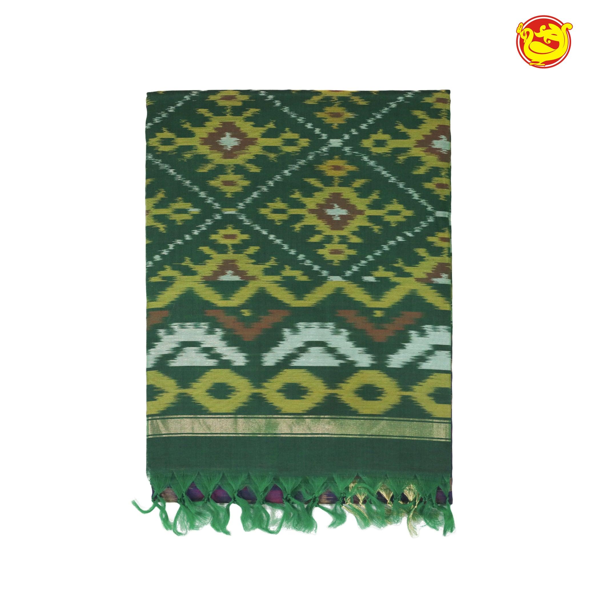 Navy Blue With Bottle Green Ikat Soft Silk Saree