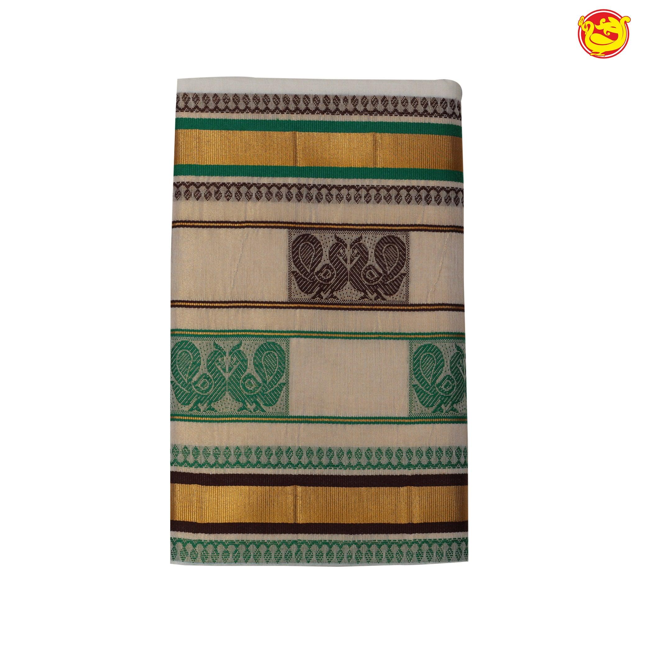 Southloom Exclusive Onam Kasavu Saree with Green & Brown Peacock High Quality Embroidery Across Body (Matching Plain Blouse Included)