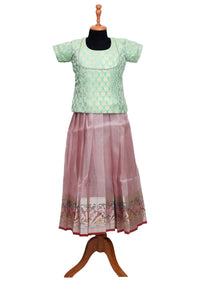 Light Green With light pink Girls Branded Readymade Pattu Pavadai