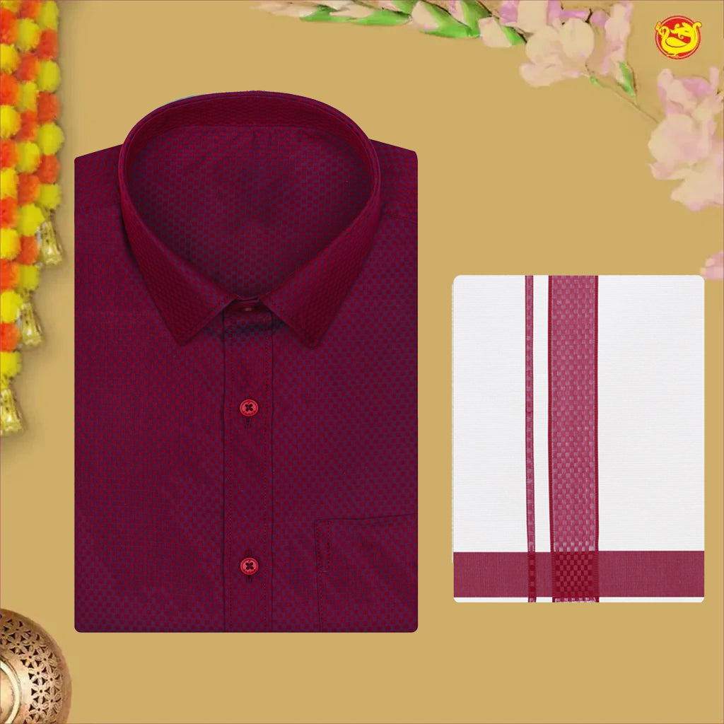 Dark Maroon With White Dhoti Readymade Small Checked Shirt And Matching Border Dhoti Set for Men