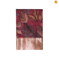 Maroon Pure Organza Silk With Gold Zari Border Digital Print Saree - Thenianantham