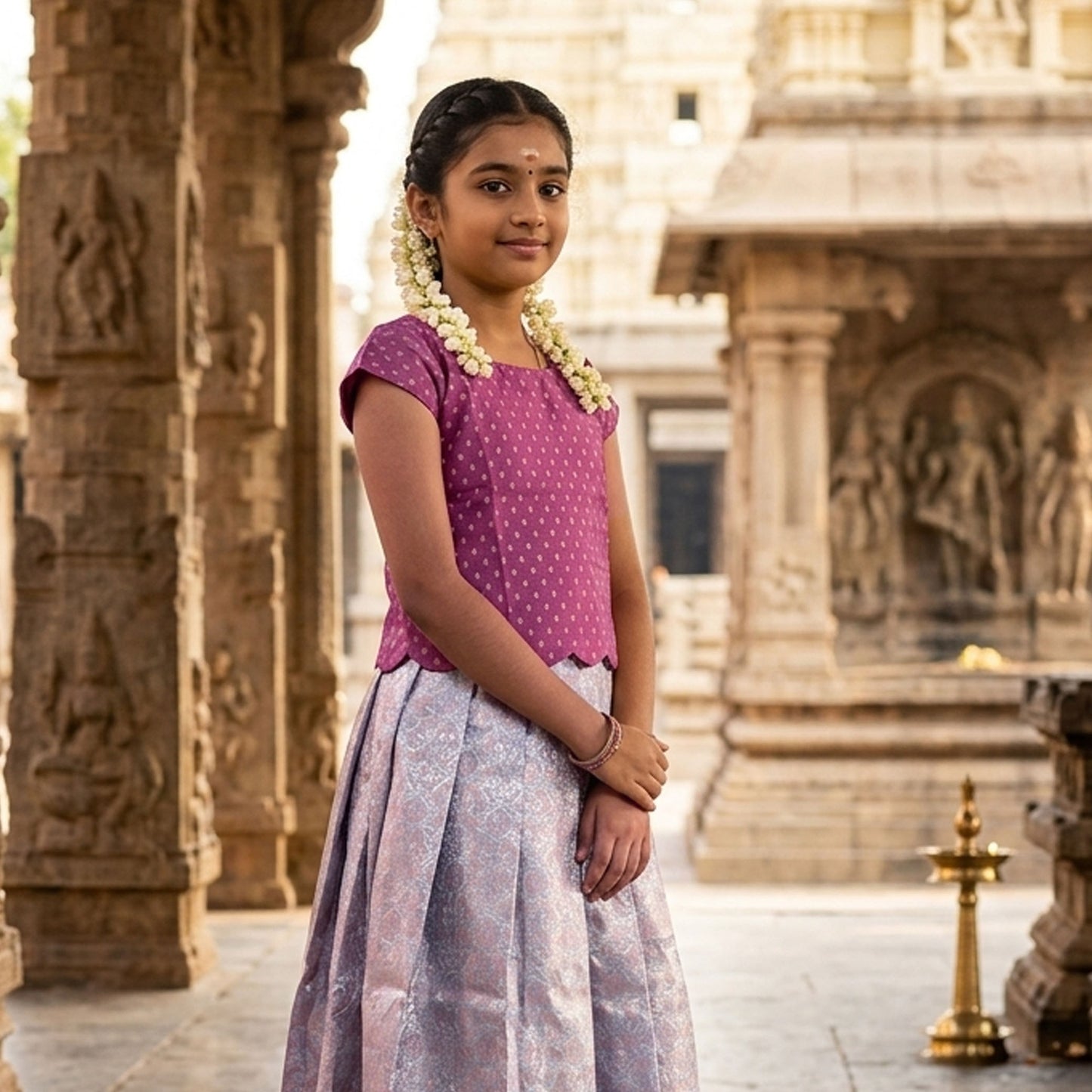 Magenta Purple With Lavender Girls Branded Readymade Pattu Pavadai