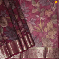 Maroon Pure Organza Silk With Gold Zari Border Digital Print Saree - Thenianantham