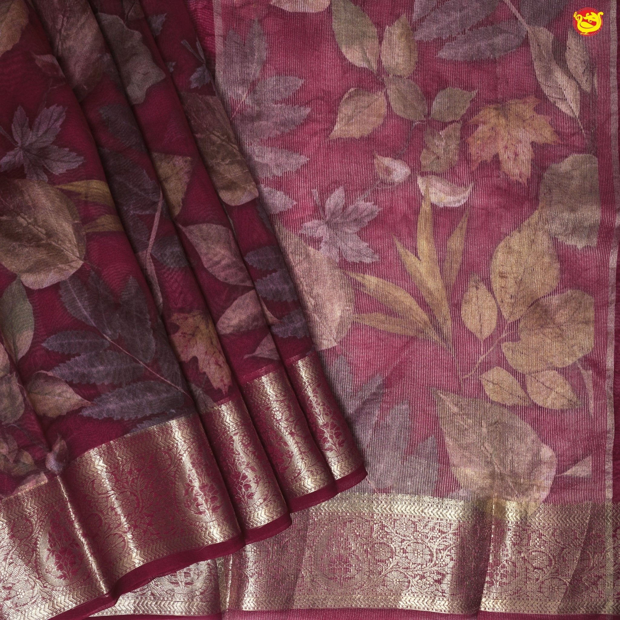 Maroon Pure Organza Silk With Gold Zari Border Digital Print Saree