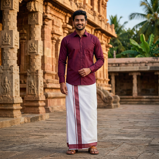 Dark Maroon With White Dhoti Readymade Small Checked Shirt And Matching Border Dhoti Set for Men