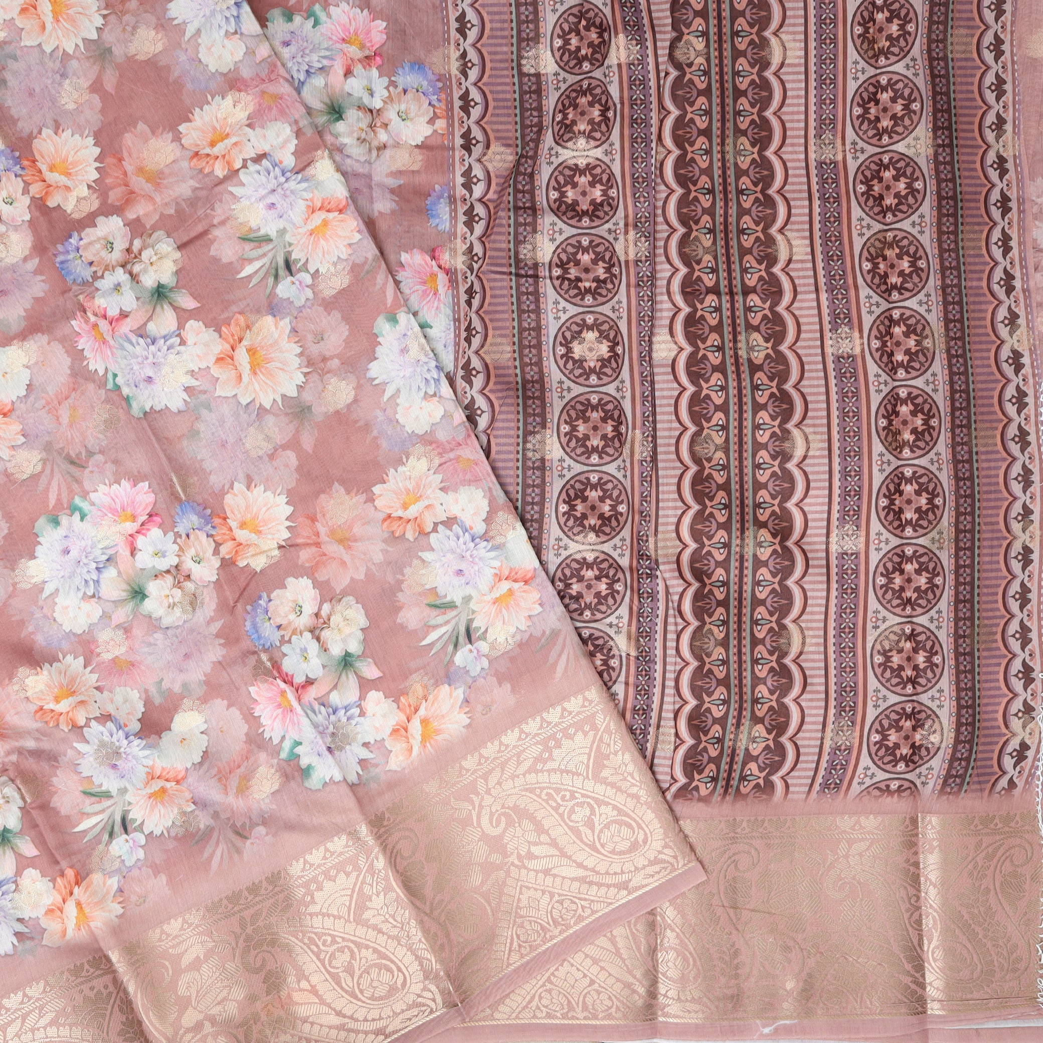 dusty purple With Orange Floral Design Dola Silk