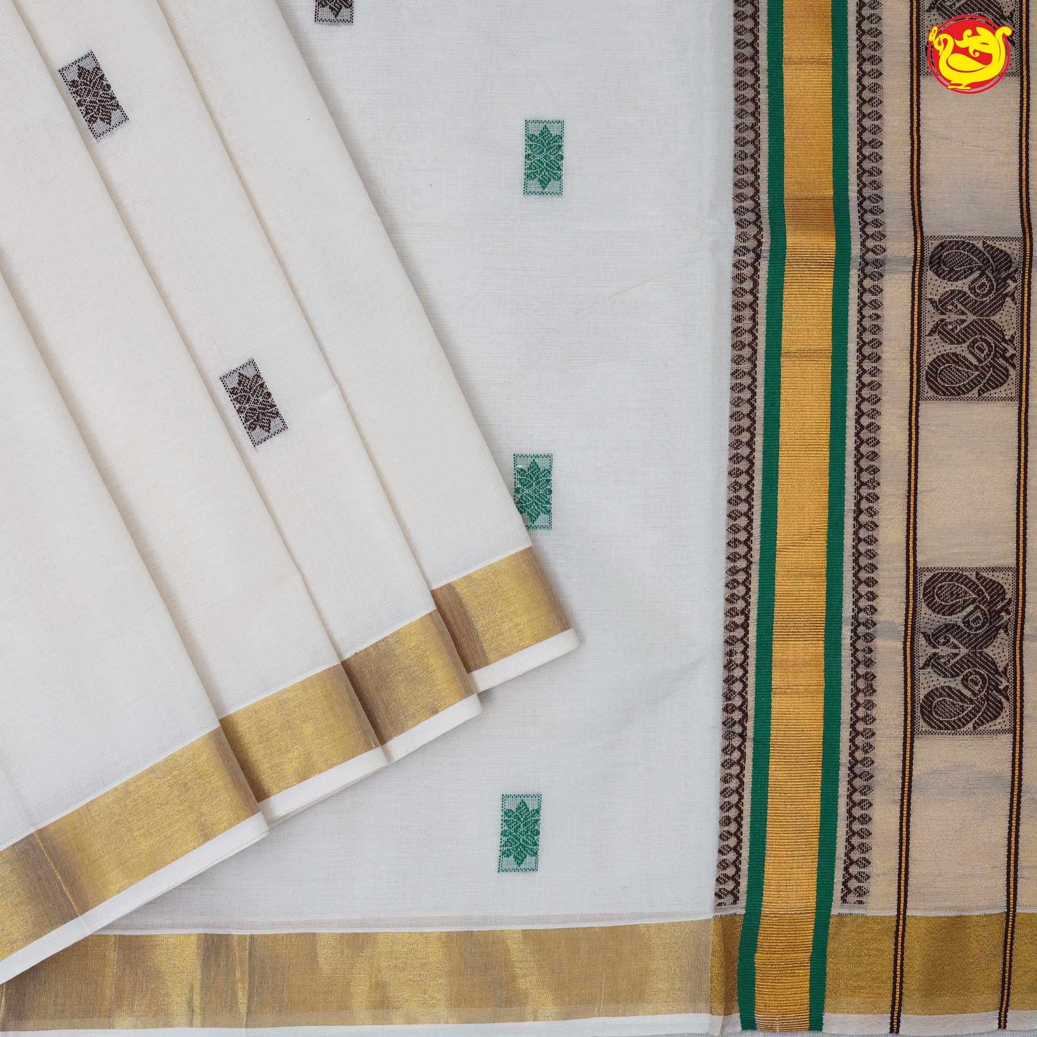 Southloom Exclusive Onam Kasavu Saree with Green & Brown Peacock High Quality Embroidery Across Body (Matching Plain Blouse Included)