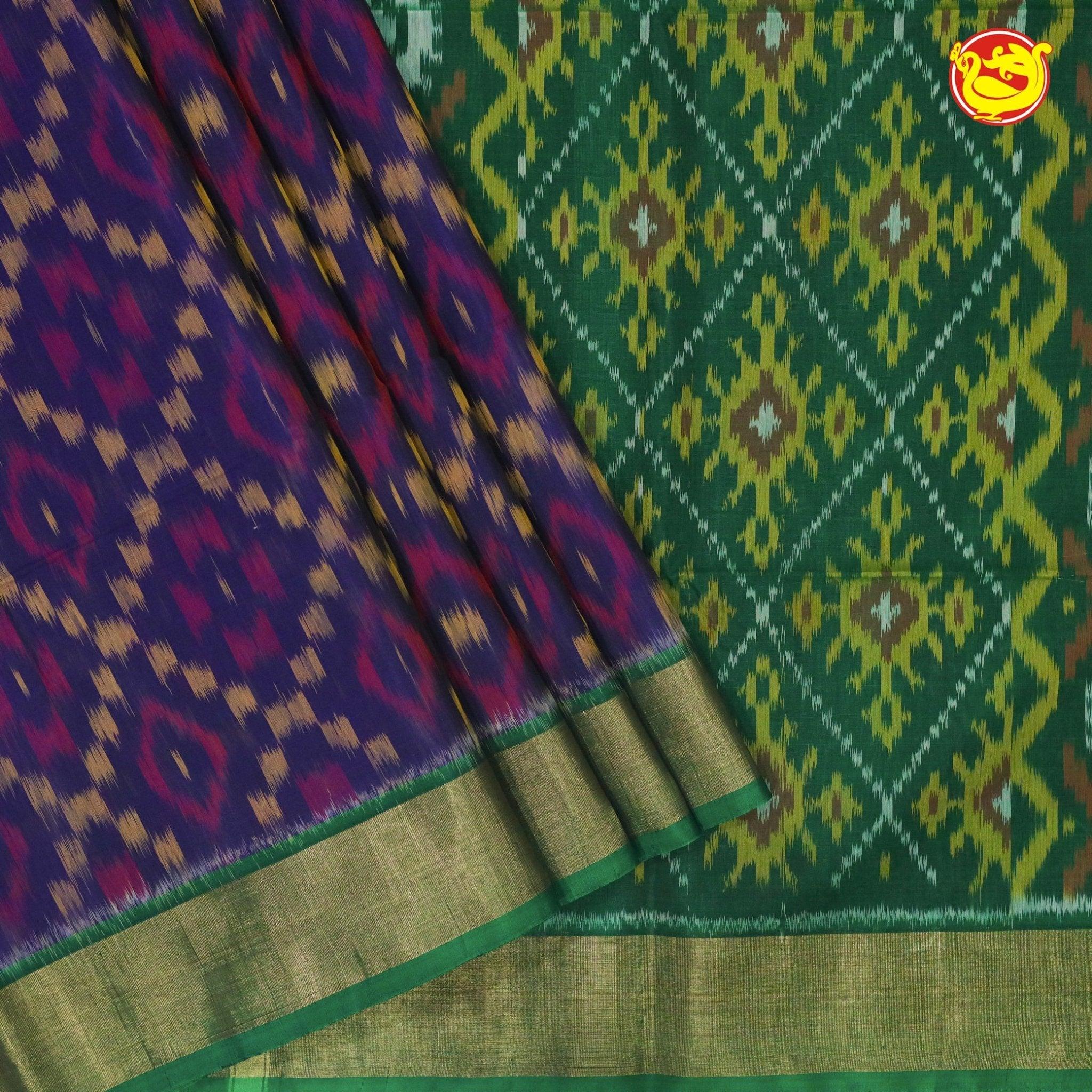 Navy Blue With Bottle Green Ikat Soft Silk Saree - Thenianantham