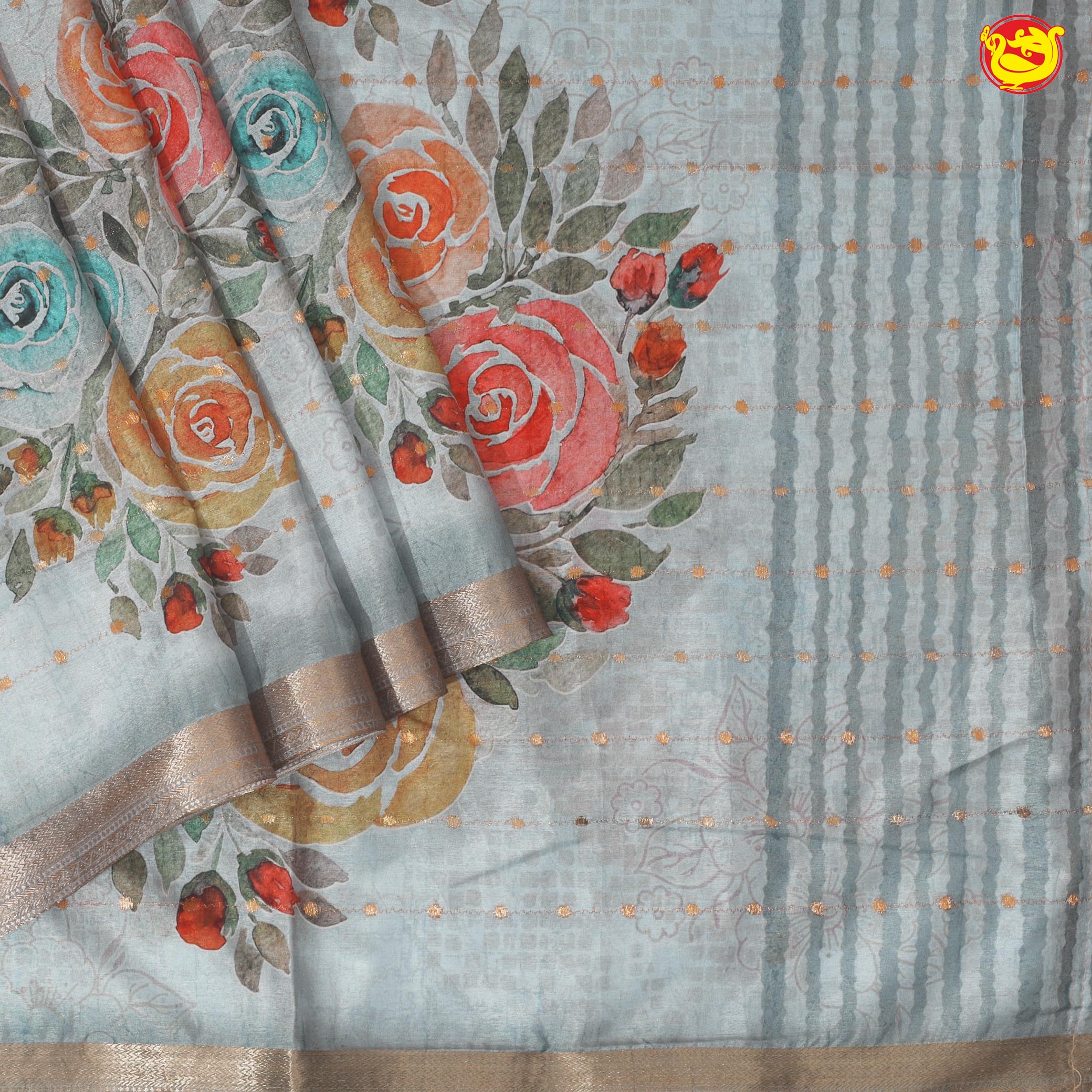 Light Grey art Tussar Silk Saree With Floral Digital Prints