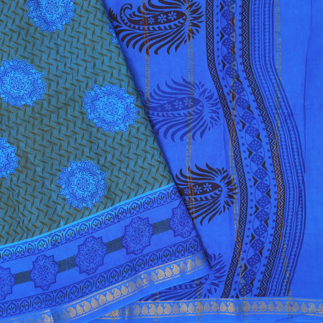 Brown with Royal Blue  Mul Mul Cotton Saree without Blouse