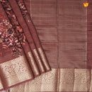 Unique Dark Brown Pure Chanderi Silk Saree with Stripes and Digital Art Floral Motifs and Gold Zari Border - Thenianantham