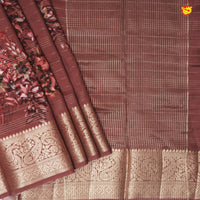 Unique Dark Brown Pure Chanderi Silk Saree with Stripes and Digital Art Floral Motifs and Gold Zari Border - Thenianantham