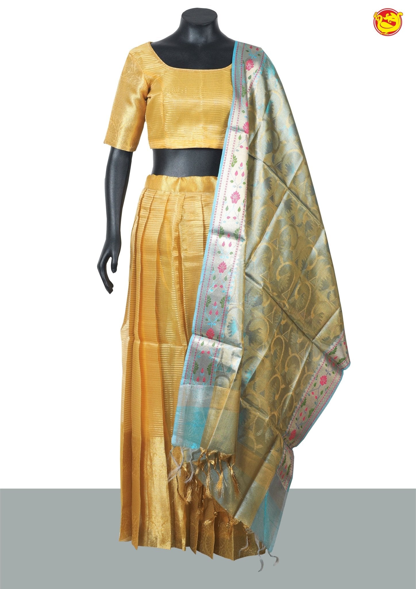 Gold With Semi Silk Half Saree With Peacock Blue Floral Design Dupatta - Thenianantham