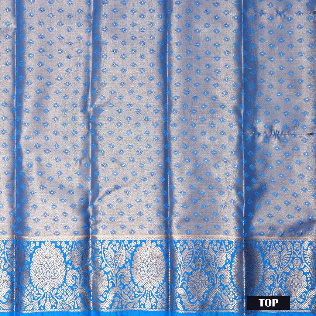 Golden Yellow  With blue Border Floral Design Traditional  Pattu Pavadai Material