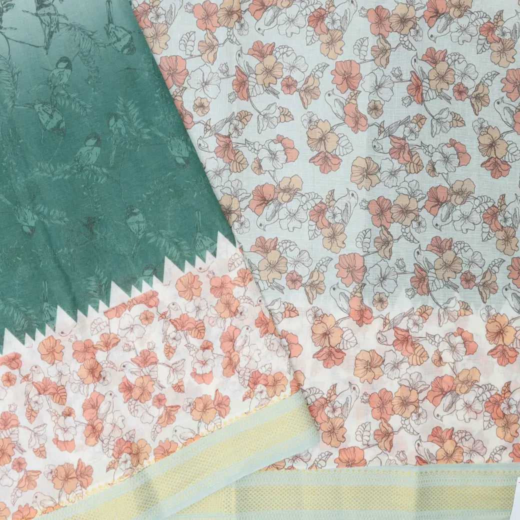 Green with off white  floral design Semi Chanderi  Saree