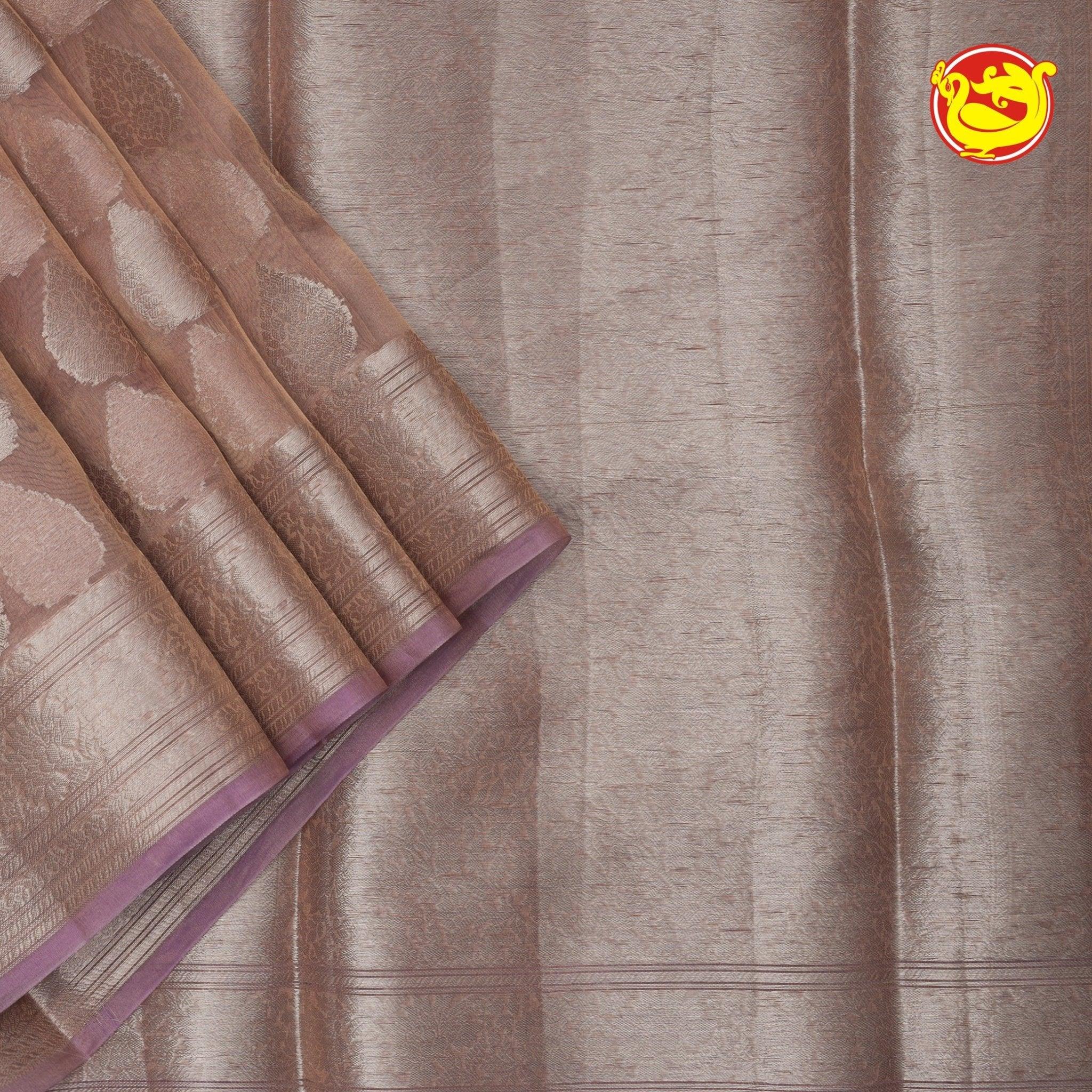 Brown Semi-Tissue Saree With Unique Buttas, Traditional Zari Border & Pallu Of Intricate Designs