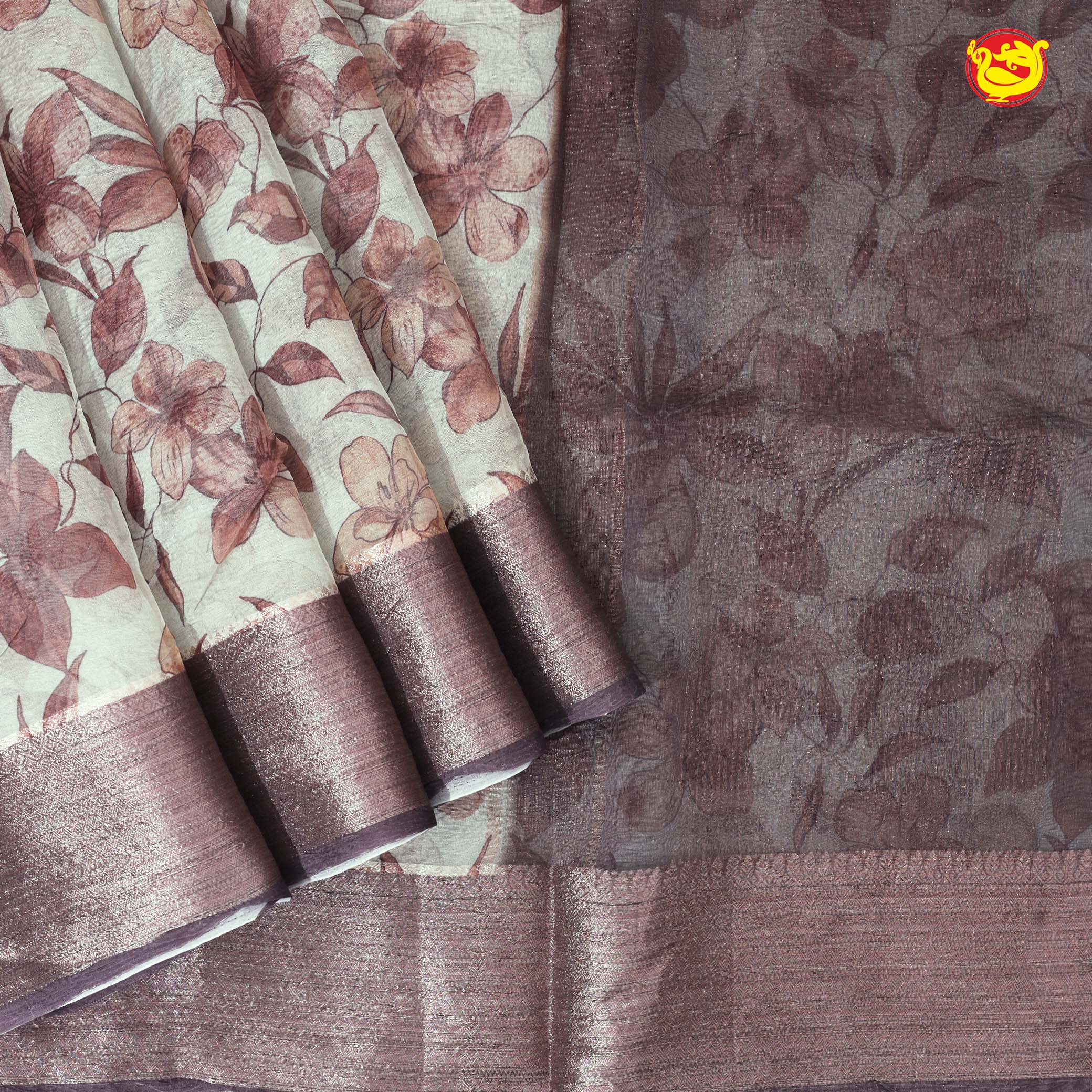 Creamy sandal Brown Floral Garden Copper Zari Russian Silk Saree