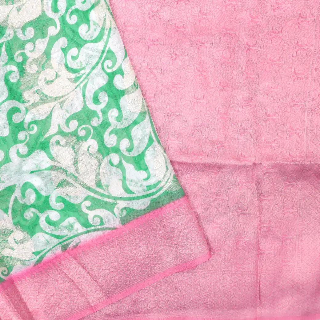 Light Green with Baby Pink Floral Pattern Semi Burberry Silk Saree