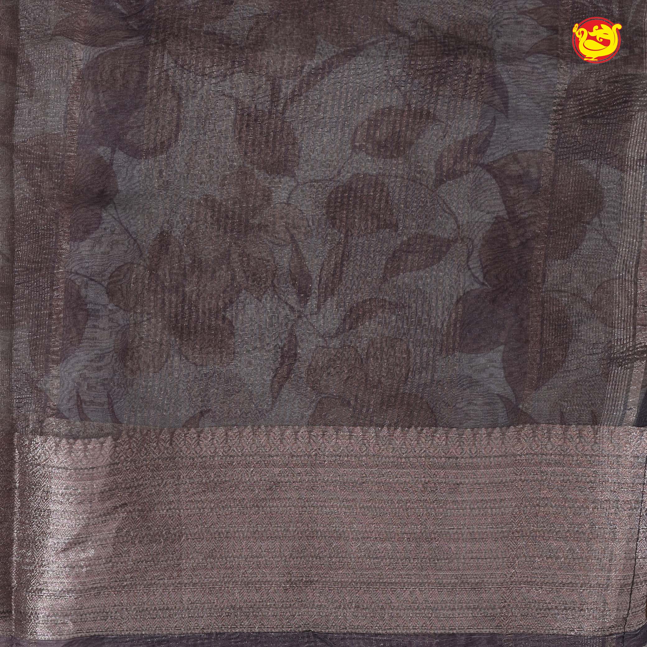 Creamy sandal Brown Floral Garden Copper Zari Russian Silk Saree