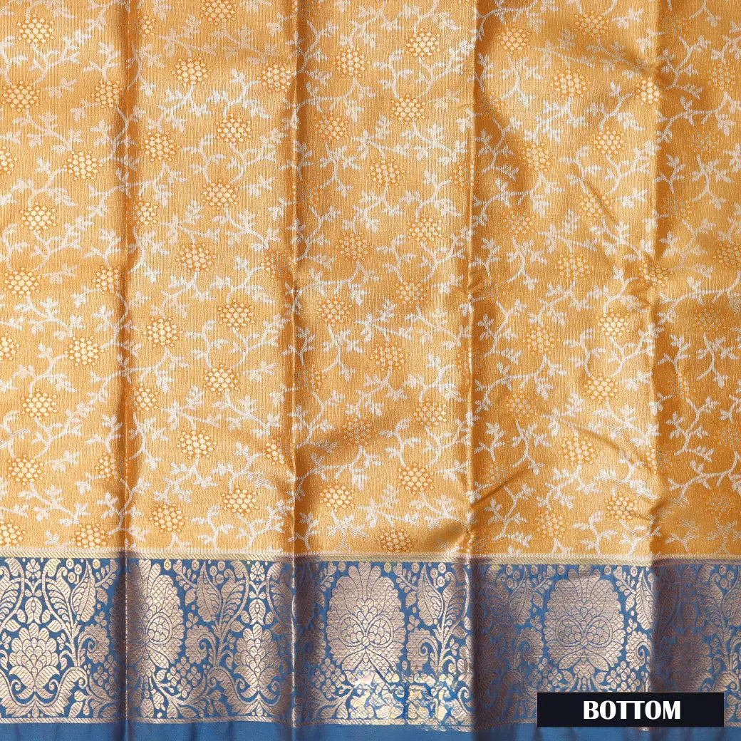 Golden Yellow  With blue Border Floral Design Traditional  Pattu Pavadai Material