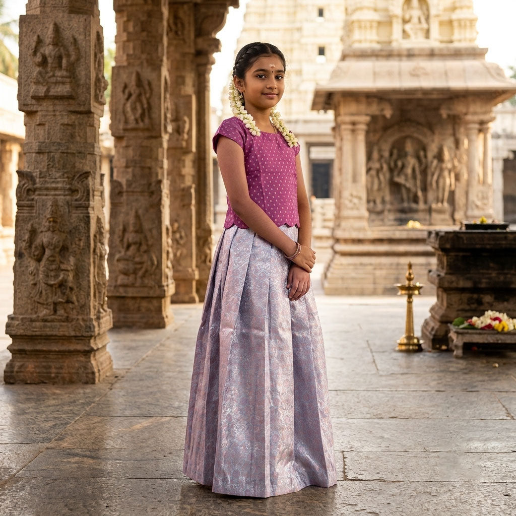 Magenta Purple With Lavender Girls Branded Readymade Pattu Pavadai