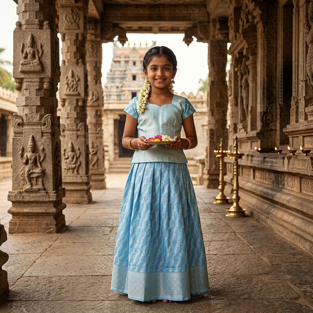 Sky BlueWith SilverZeri Girls Branded Readymade Pattu Pavadai