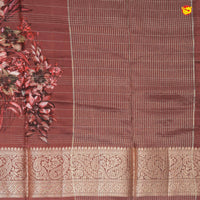 Unique Dark Brown Pure Chanderi Silk Saree with Stripes and Digital Art Floral Motifs and Gold Zari Border - Thenianantham