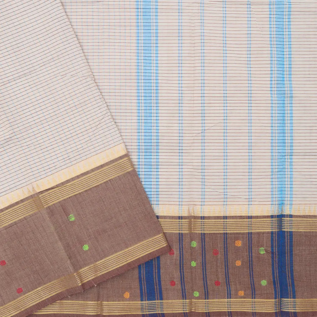 Off-white with light Brown Small Checked Pattern Pure Chettinad Cotton Saree without Blouse