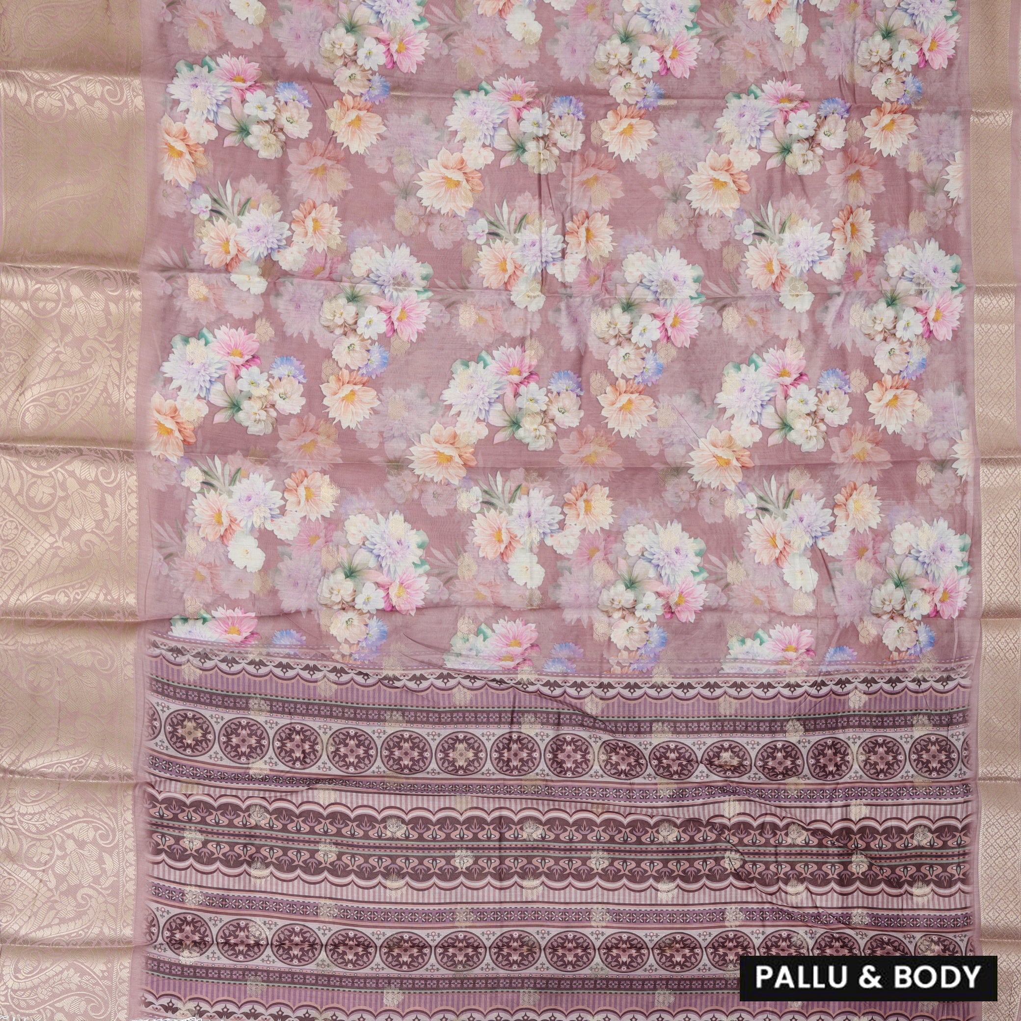 dusty purple With Orange Floral Design Dola Silk