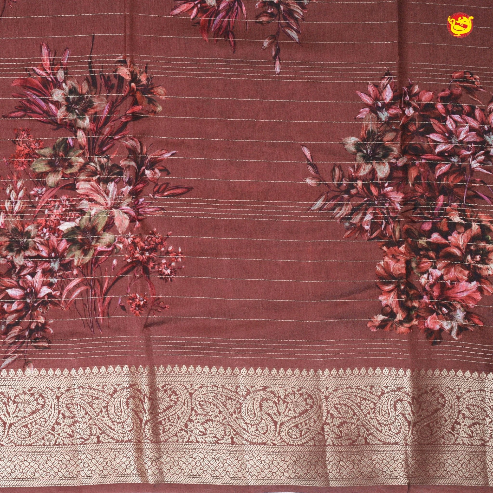 Unique Dark Brown Pure Chanderi Silk Saree with Stripes and Digital Art Floral Motifs and Gold Zari Border - Thenianantham