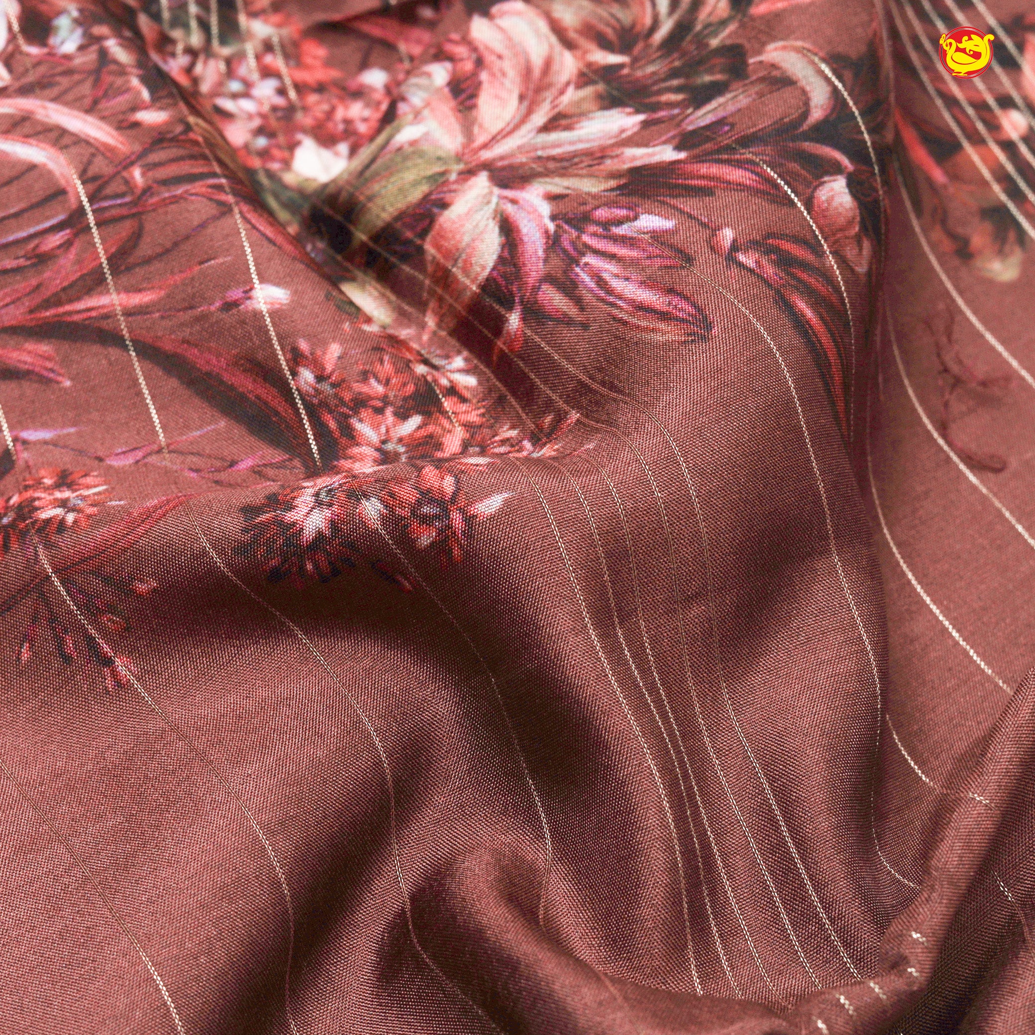 Unique Dark Brown Pure Chanderi Silk Saree with Stripes and Digital Art Floral Motifs and Gold Zari Border