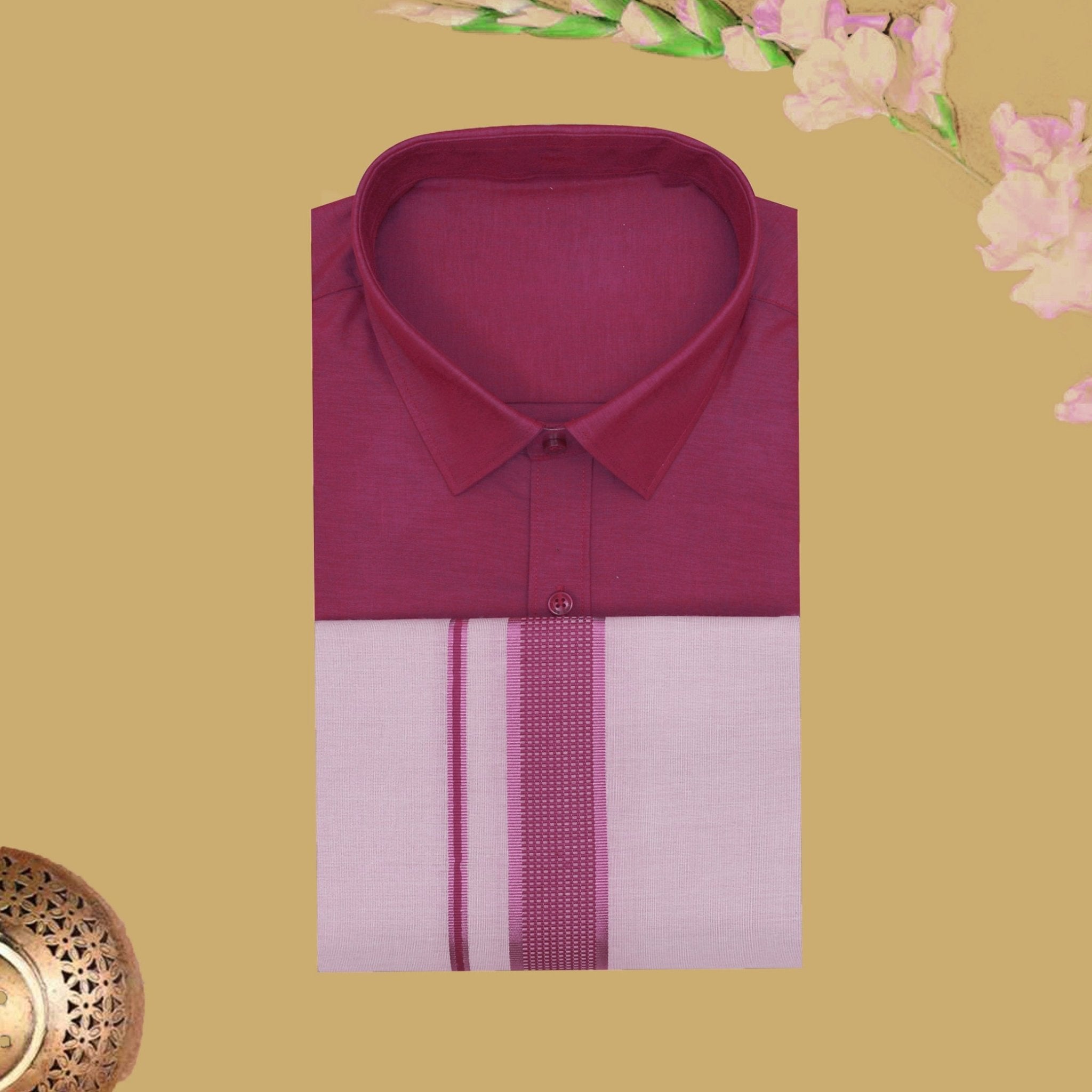 Magenta Cotton Readymade Shirt and Flexi Fit Dhoti