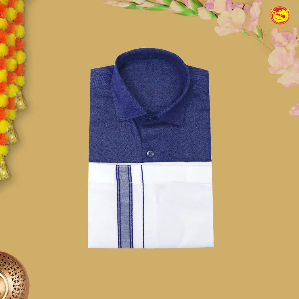 Blue with White Cotton Boy’s Readymade Shirt And Dhoti Set