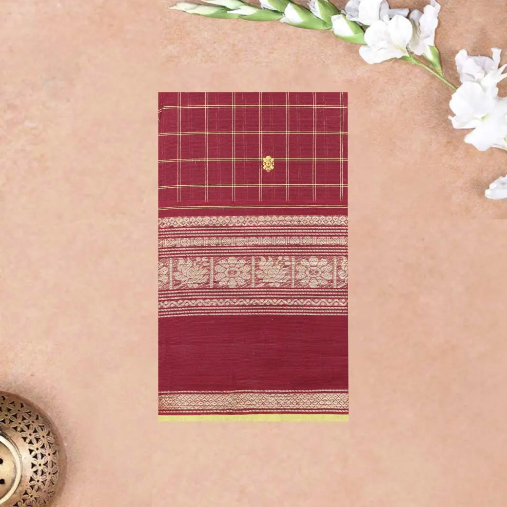 Maroon with Lime yellow Checked Pattern Pure Chettinad Cotton Saree without Blouse  &nbsp;