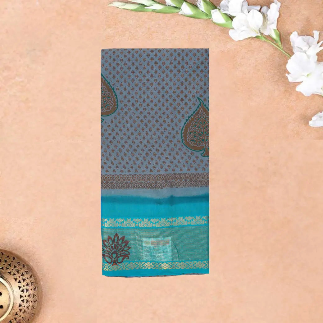 Grey with Teal green  Mul Mul Cotton Saree without Blouse