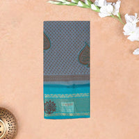 Grey with Teal green  Mul Mul Cotton Saree without Blouse