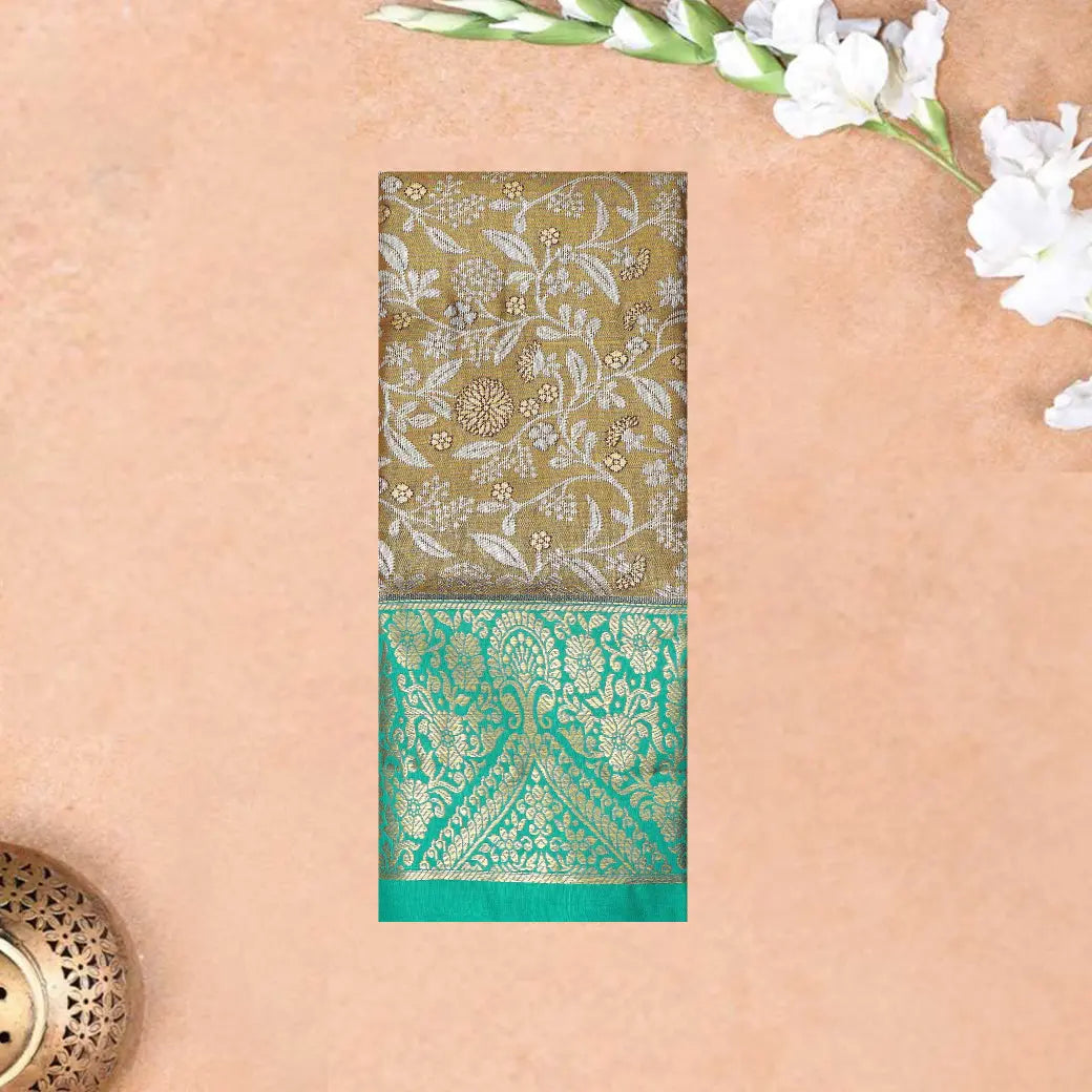 Olive gold  With Green Border Floral Design Traditional  Pattu Pavadai Material