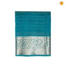 Unique Peacock Blue Pure Chanderi Silk Saree with Stripes and Digital Art Floral Motifs and Gold Zari Border - Thenianantham