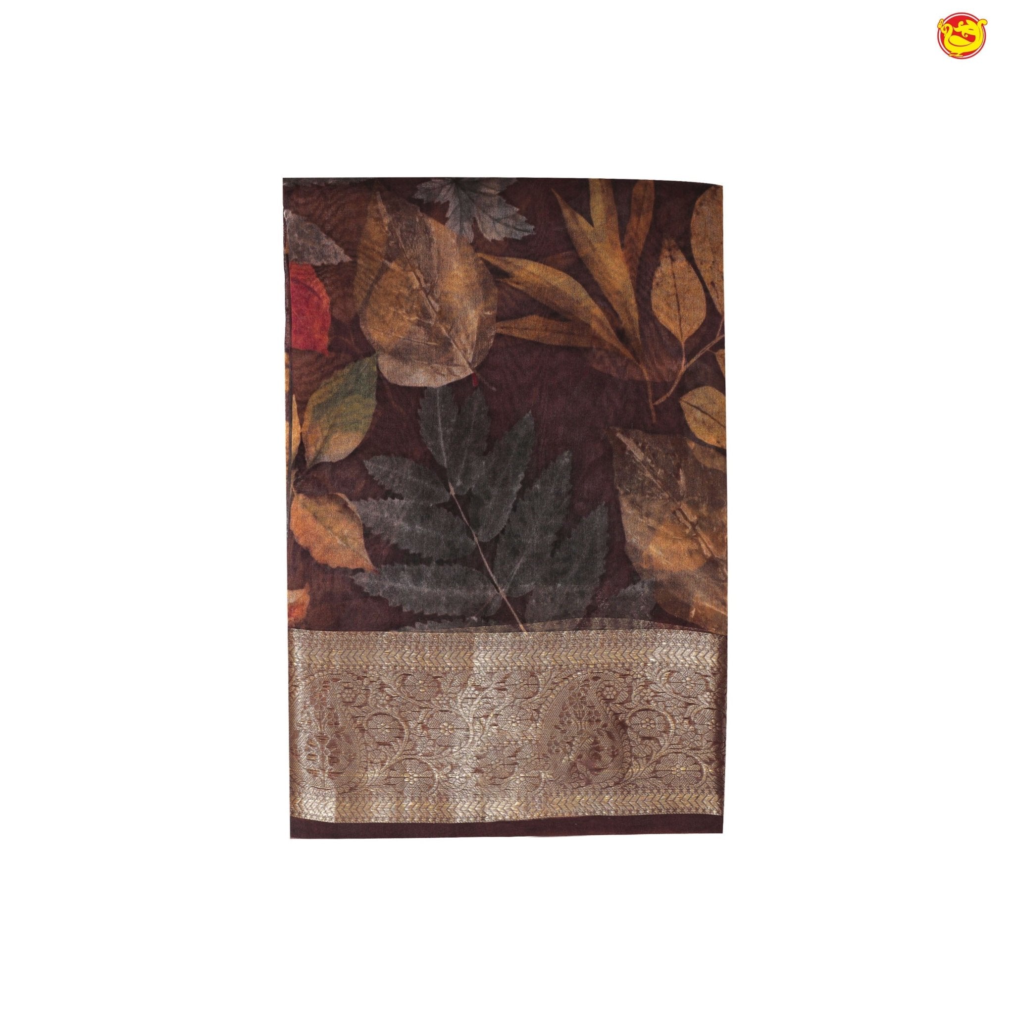 Dark Brown Pure Organza Silk With Gold Zari Border Digital Print Saree