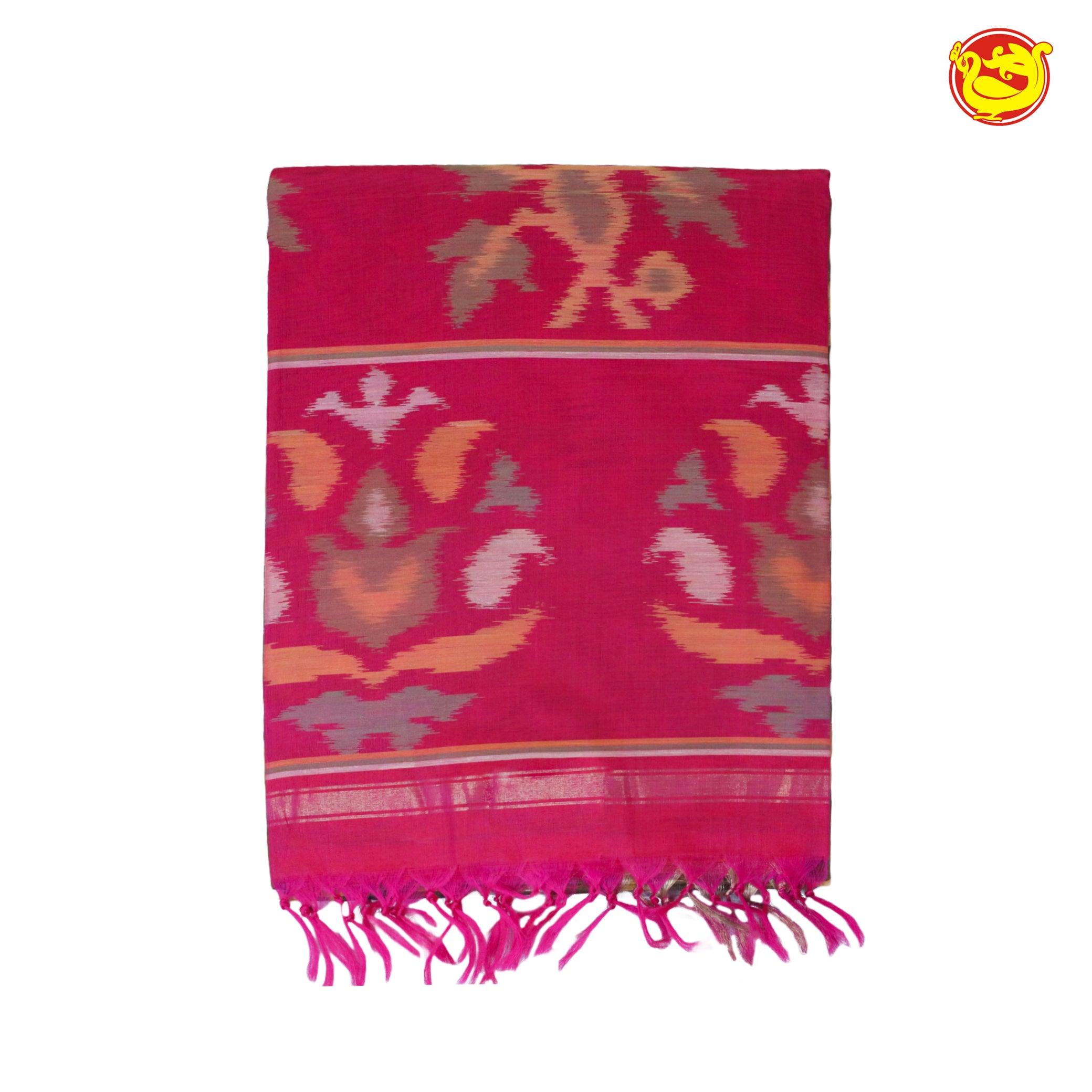 Brown With Pink Ikat Soft Silk Saree