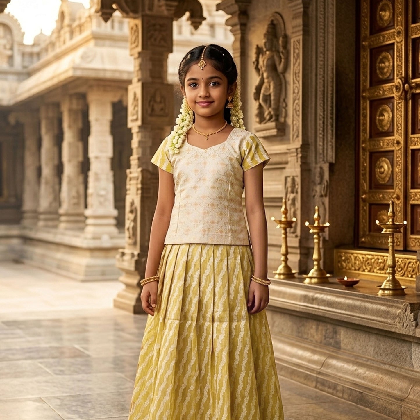 Off White With Mustard Yellow Girls Branded Readymade Pattu Pavadai