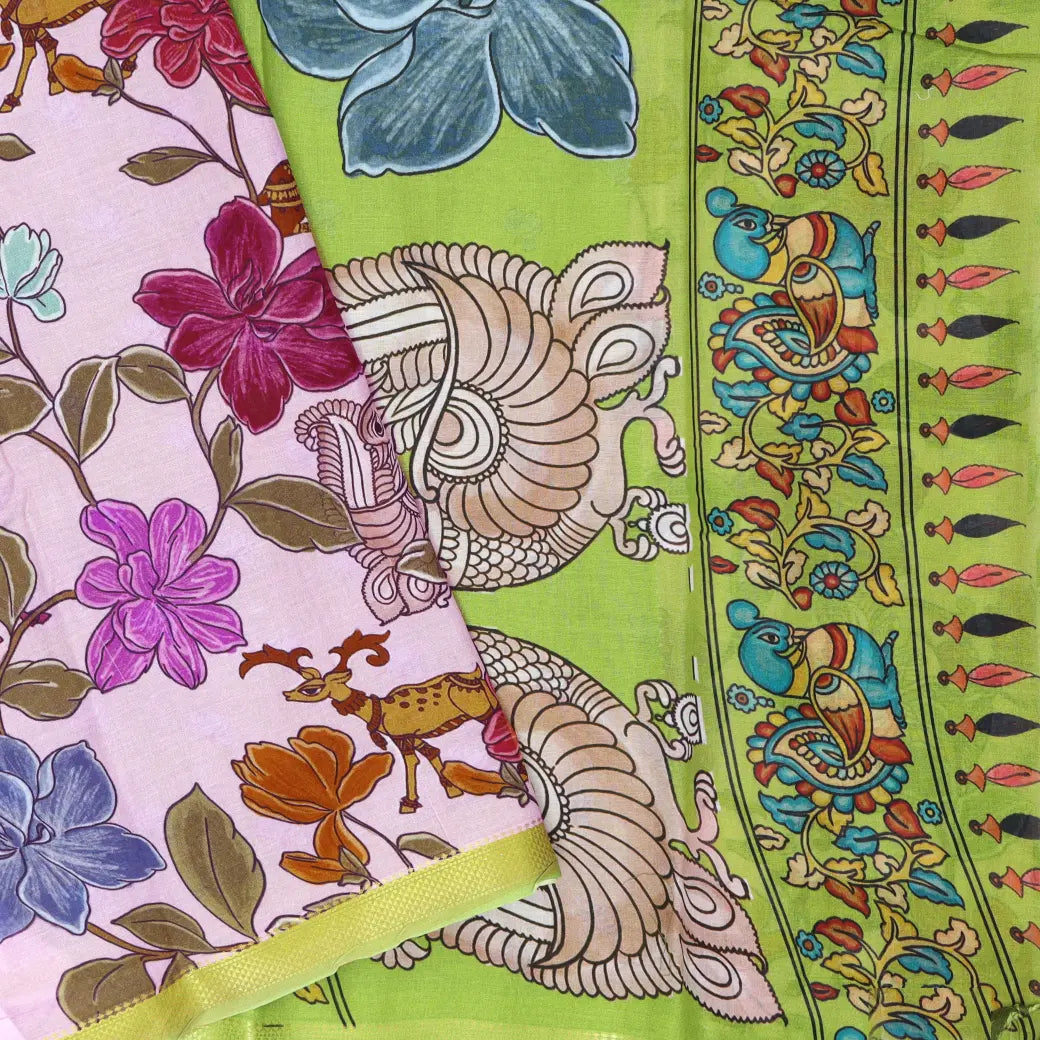 lightpink with green priented  floral design Semi Chanderi  Saree