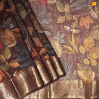 Dark Brown Pure Organza Silk With Gold Zari Border Digital Print Saree - Thenianantham