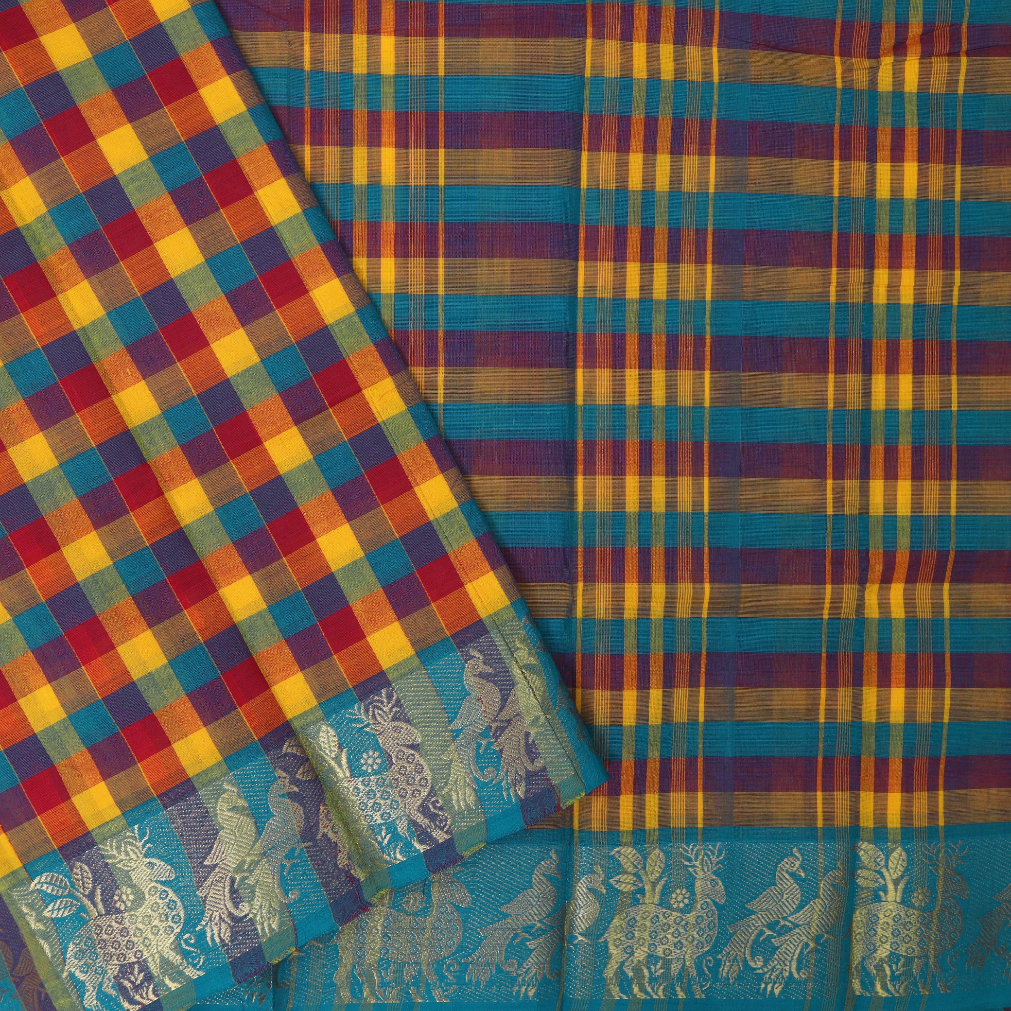 Multi Colour Small Checked Pattern Pure Chettinad Cotton Saree without Blous