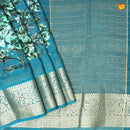 Unique Peacock Blue Pure Chanderi Silk Saree with Stripes and Digital Art Floral Motifs and Gold Zari Border - Thenianantham